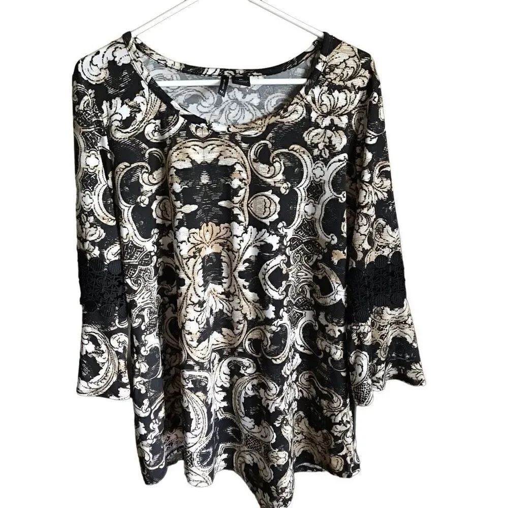New Directions size XL 3/4 bell sleeve black brown crochet lace